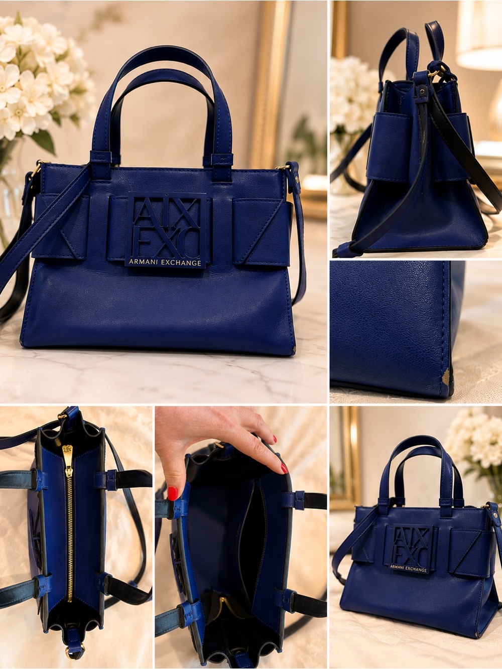 Armani Exchange Deep Blue Leather Top-Handle Satchel
